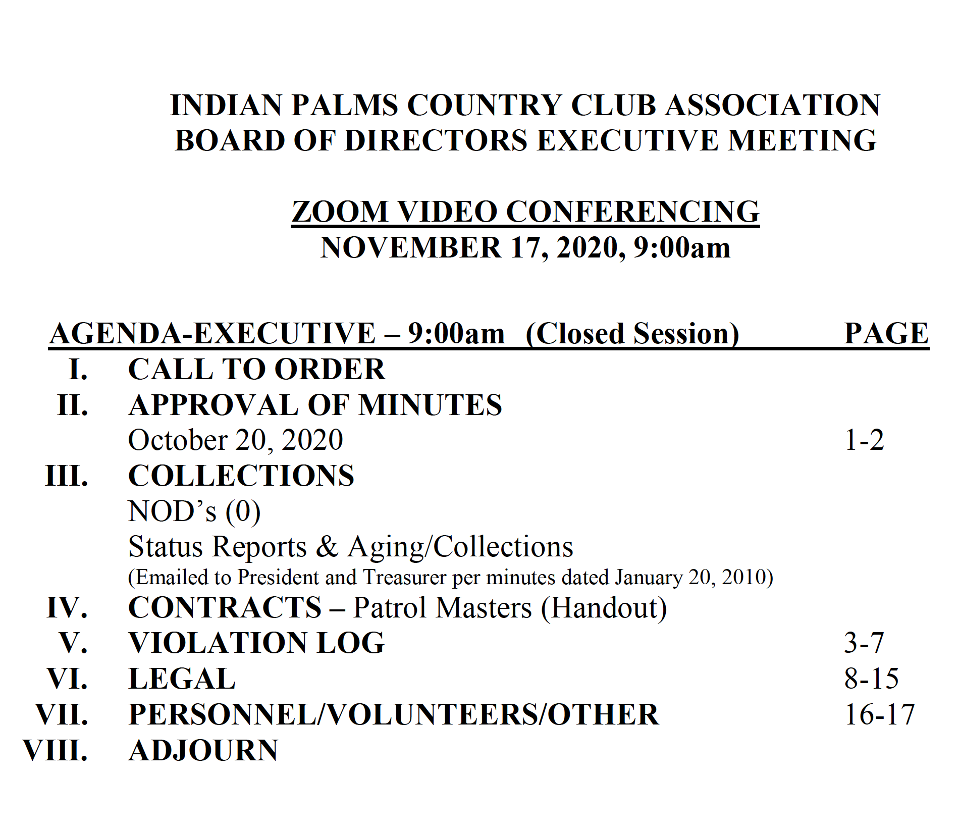 Board Of Directors Meeting Agenda Hoa Ipcca