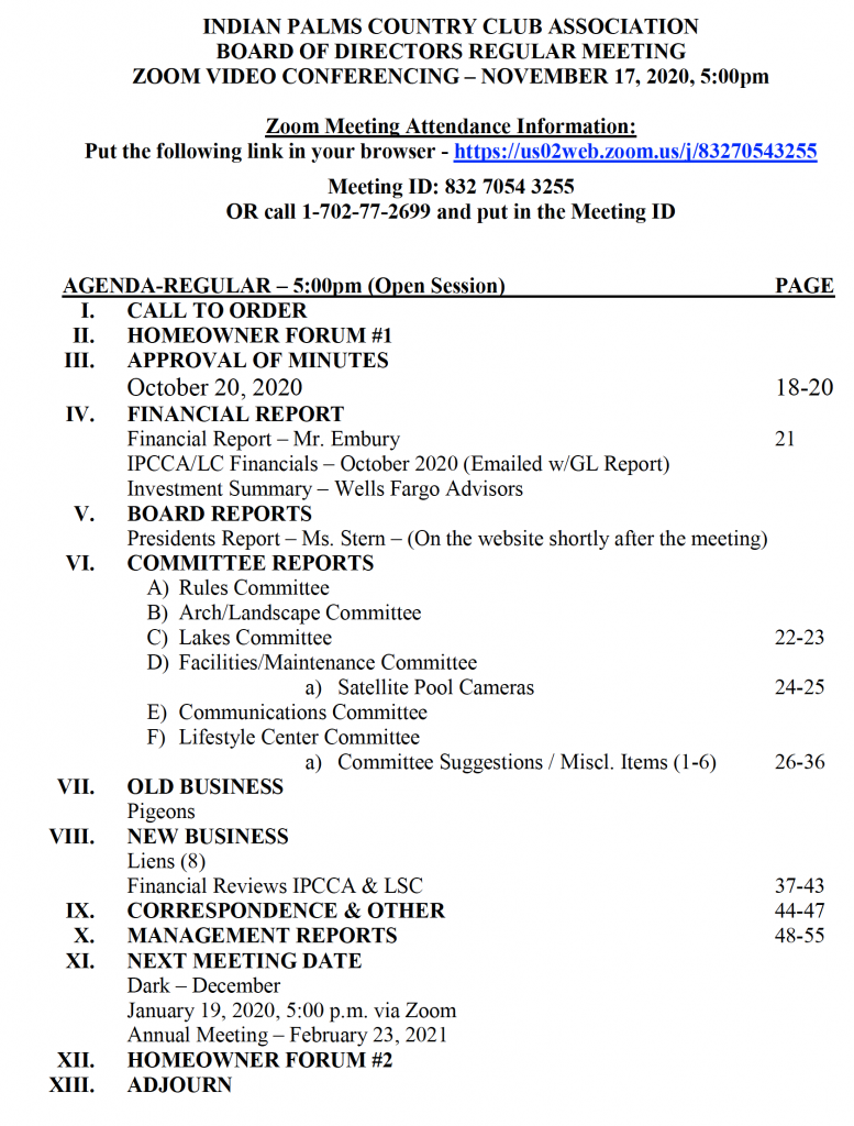 Board Of Directors Meeting Agenda HOA IPCCA